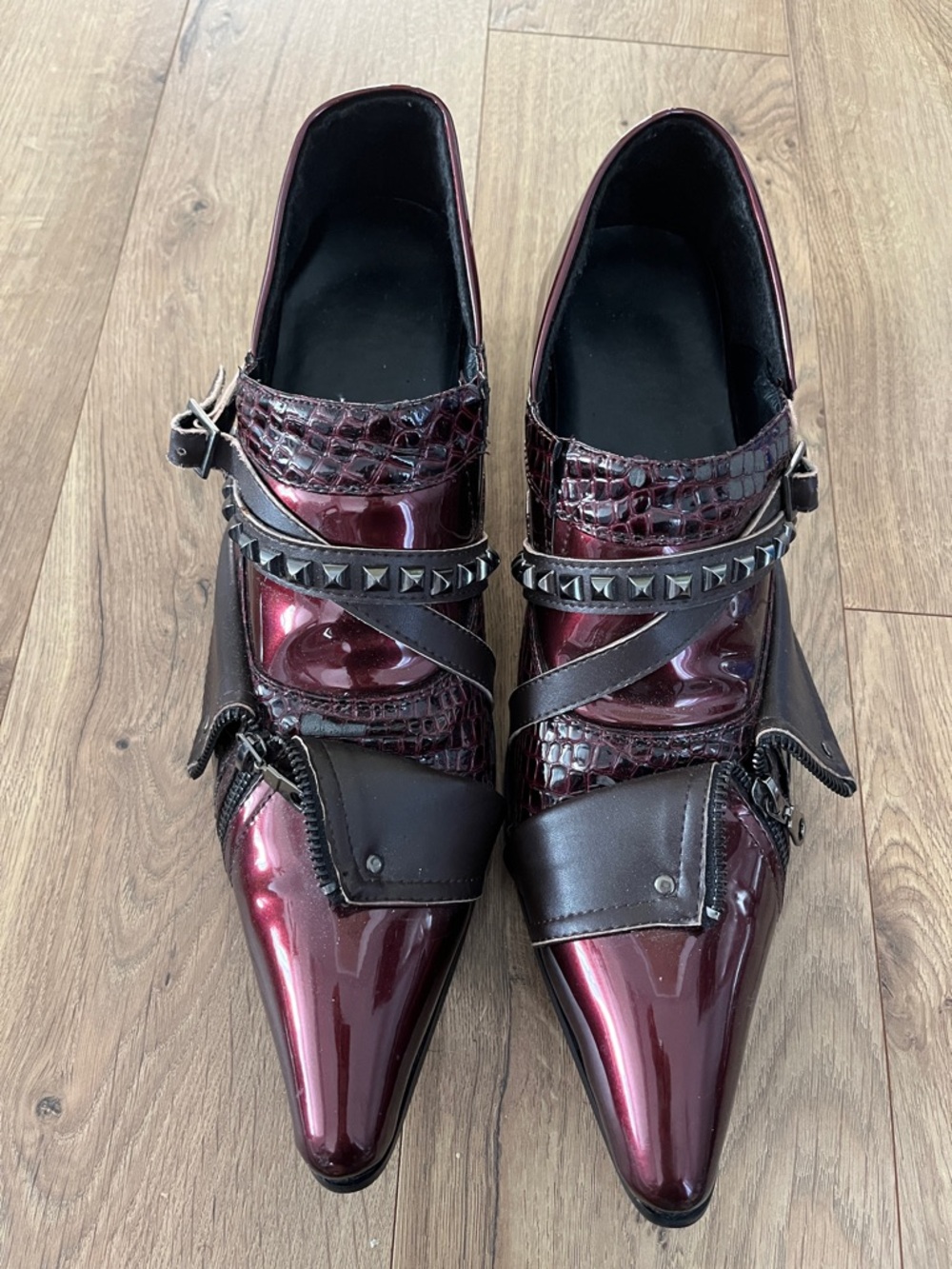 Men's Burgundy Pointed Leather Slip-On Loafers with Studded Strap